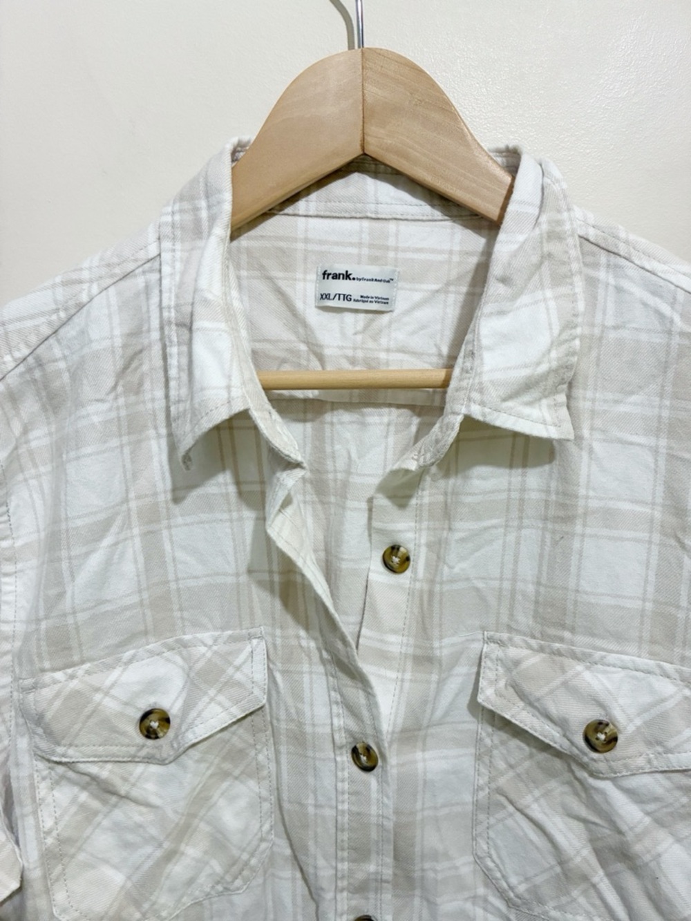 Frank & Oak Flannel Plaid Button Down Shirt Size XXL Cream Tan - Picture 5 of 11